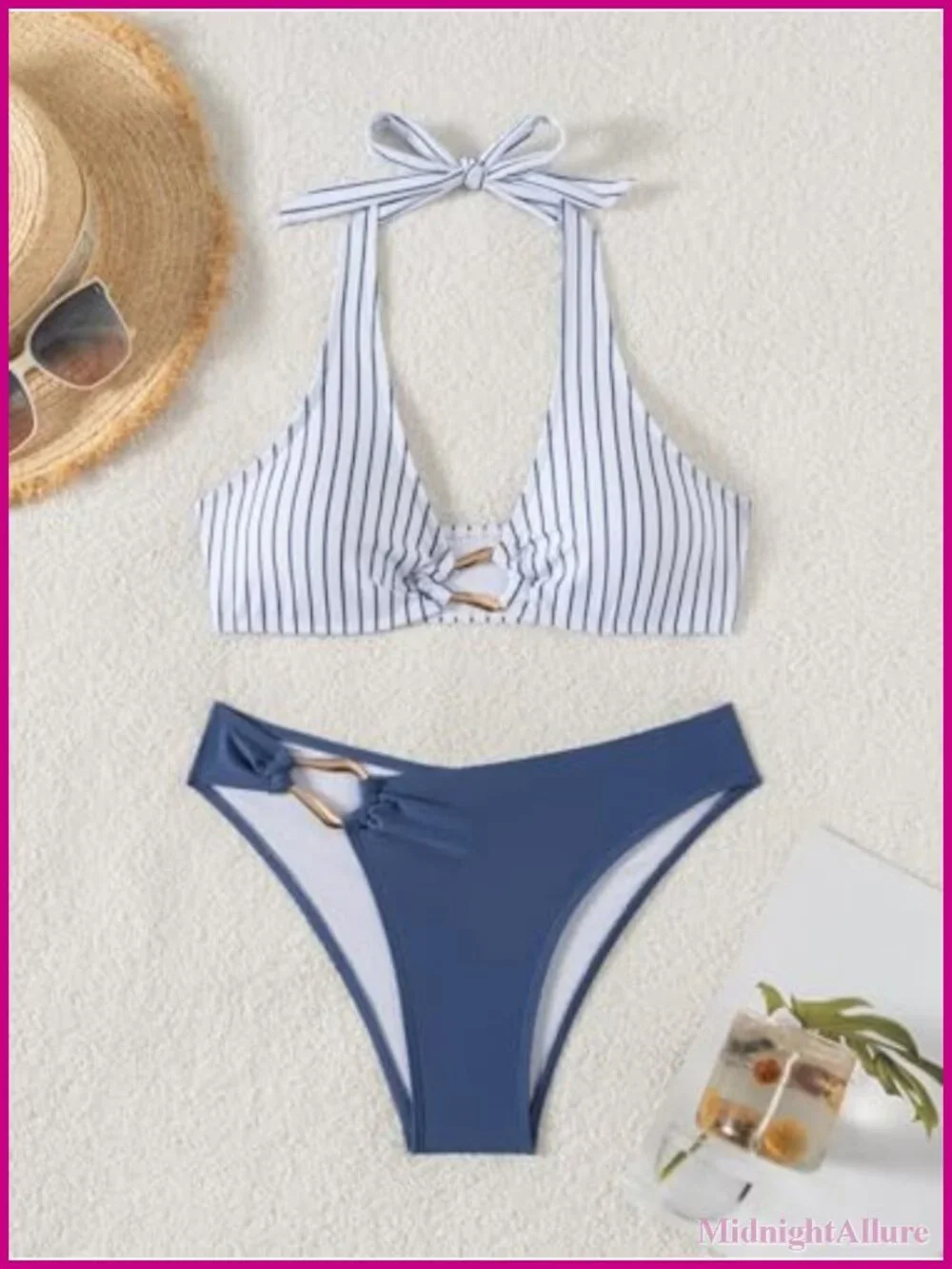 Women's Halter V Neck Bikini Set Ring Linked Two Piece Swimsuit Cheeky Bathing